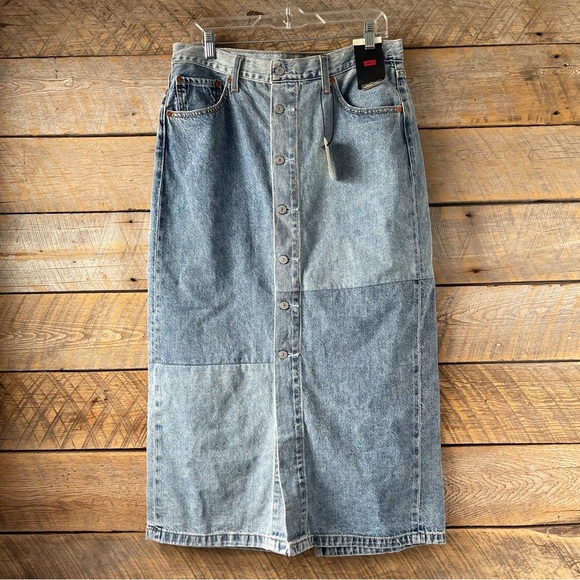 Levi's Premium Button Midi Jean Denim Skirt Size 31 Patch Design 100% Cotton New - Picture 15 of 16